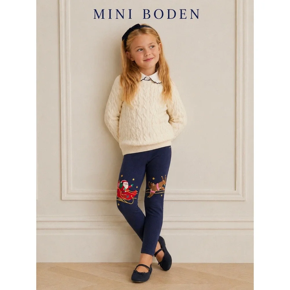 Mini Boden Blue Christmas Leggings Santa Reindeer Holiday Kids 6/7 - Picture 1 of 5